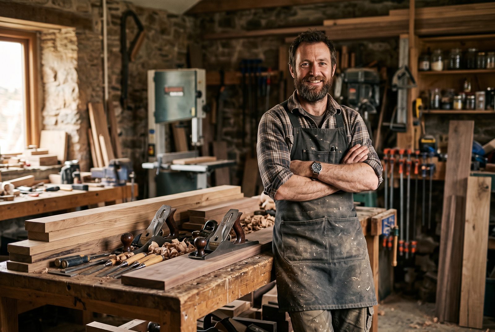 Carpenter in his workshop beside a workbench, MS Carpentry, Drogheda, Co. Louth