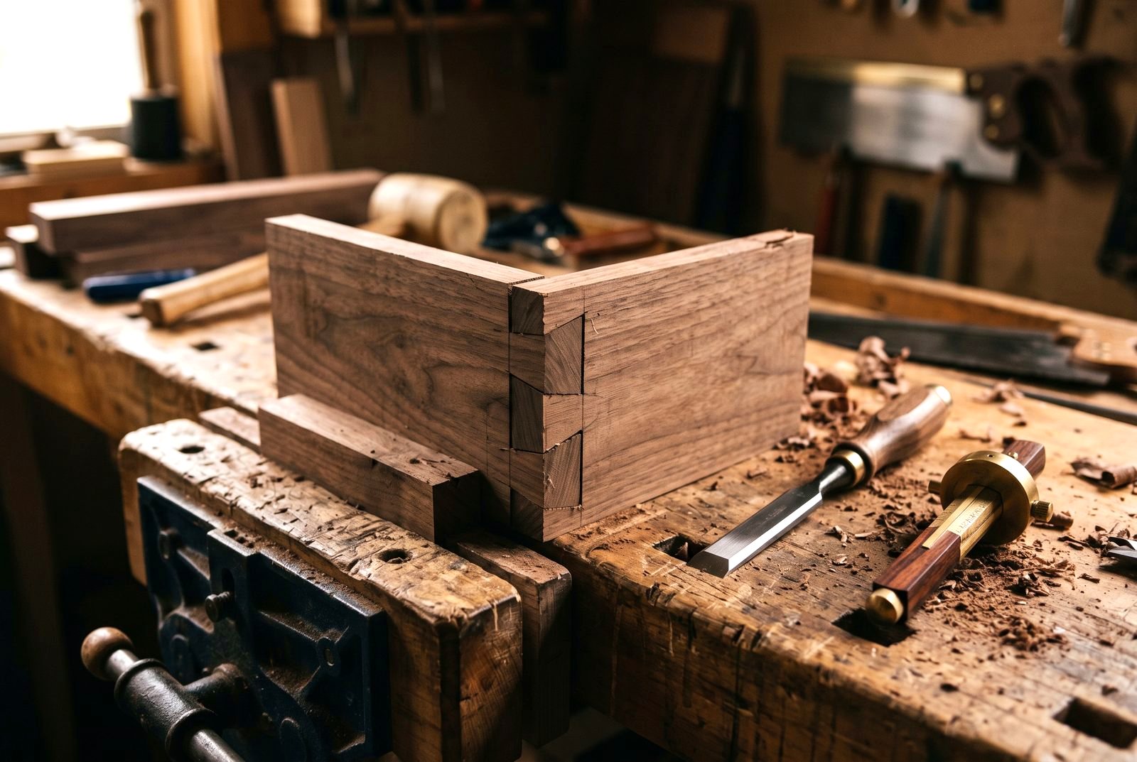 Hand-cut dovetail joint in walnut on a carpenter's workbench, bespoke joinery in Drogheda, Co. Louth