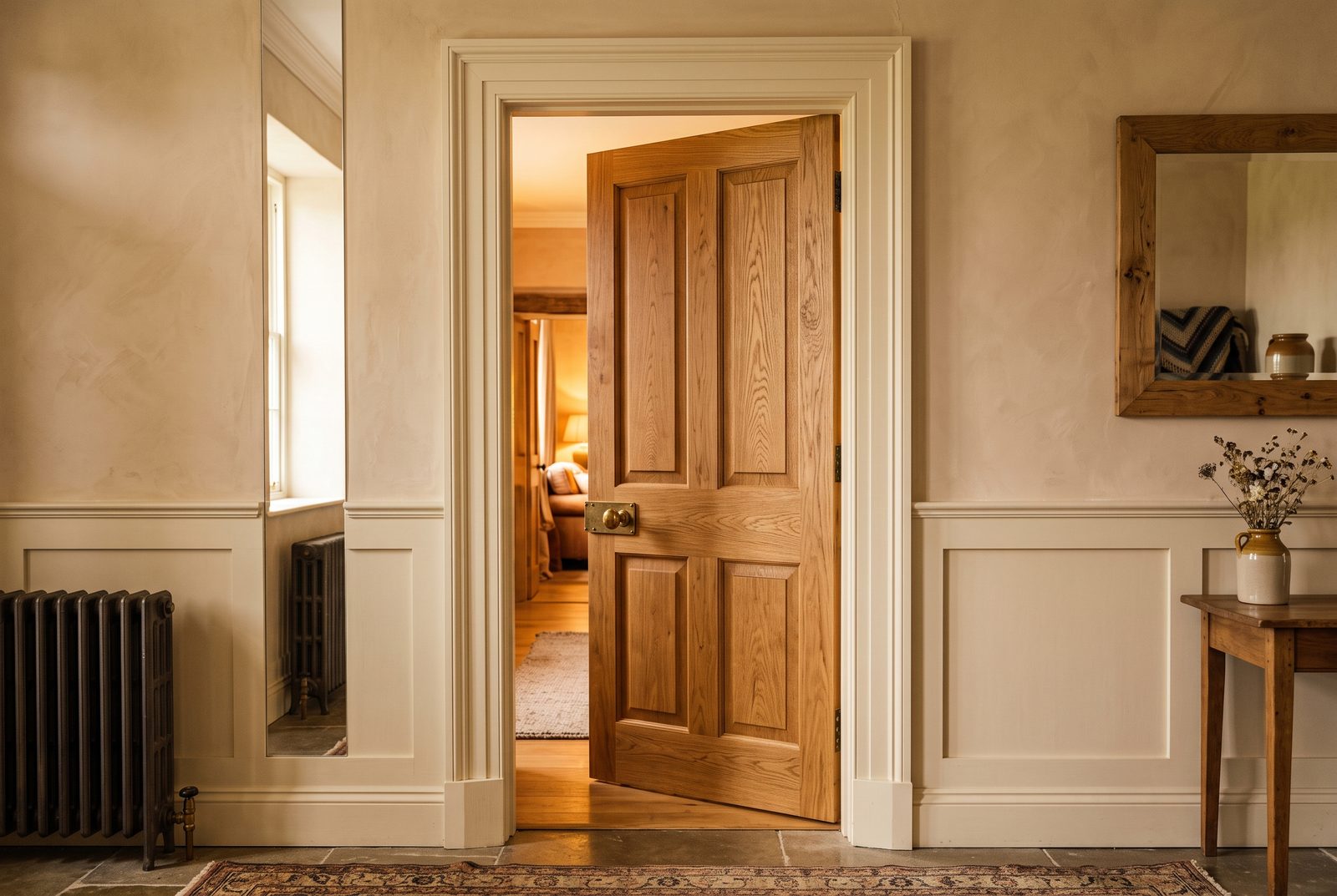 Solid oak internal door with brass hinges hung by a carpenter in Drogheda, Co. Louth