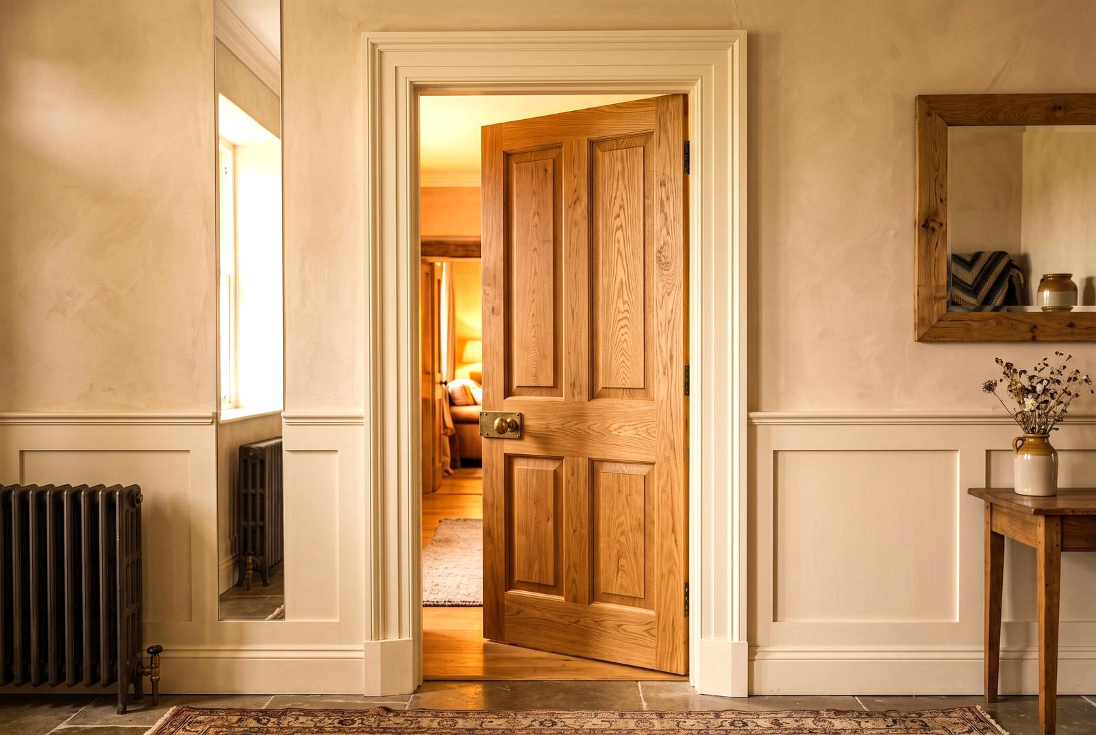 Solid oak internal door with brass hardware hung by a carpenter in Drogheda, Co. Louth