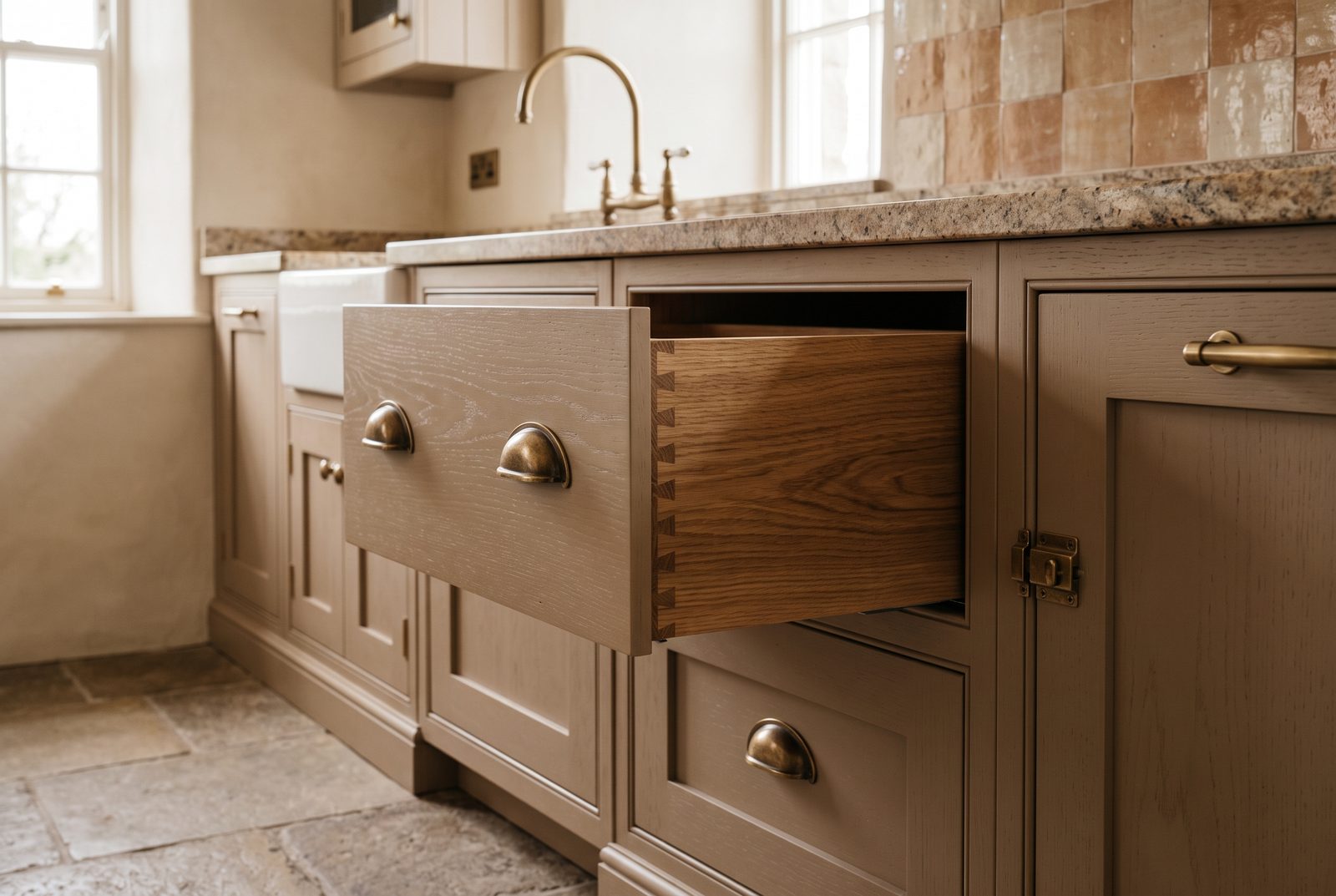 Bespoke walnut fitted kitchen with brass hardware, designed and installed by MS Carpentry in Drogheda, Co. Louth