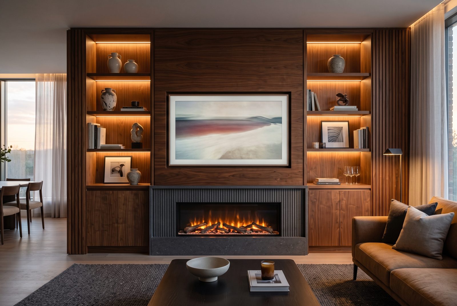 Bespoke walnut media wall with integrated shelving and concealed cabling, Drogheda, Co. Louth